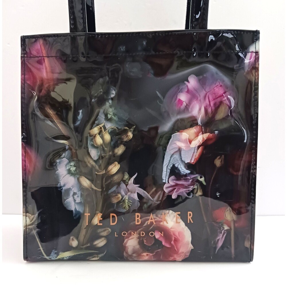 Ted Baker London Small Tote Bag Blk Floral Print Glossy PVC 10X4X9 - Picture 4 of 13